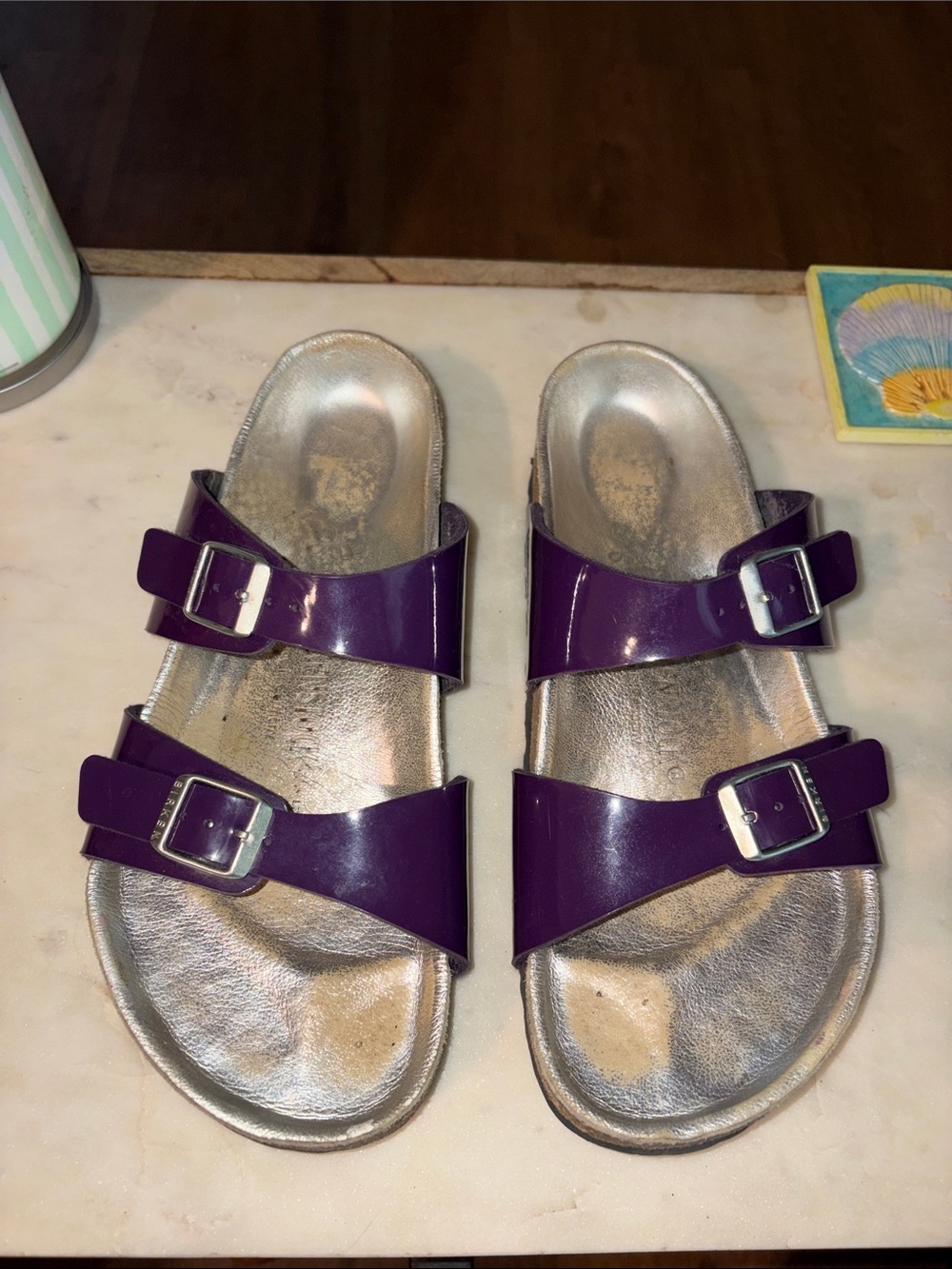 Sydney Birkenstock Women’s Double Buckle Purple Sandals with Silver Footbed